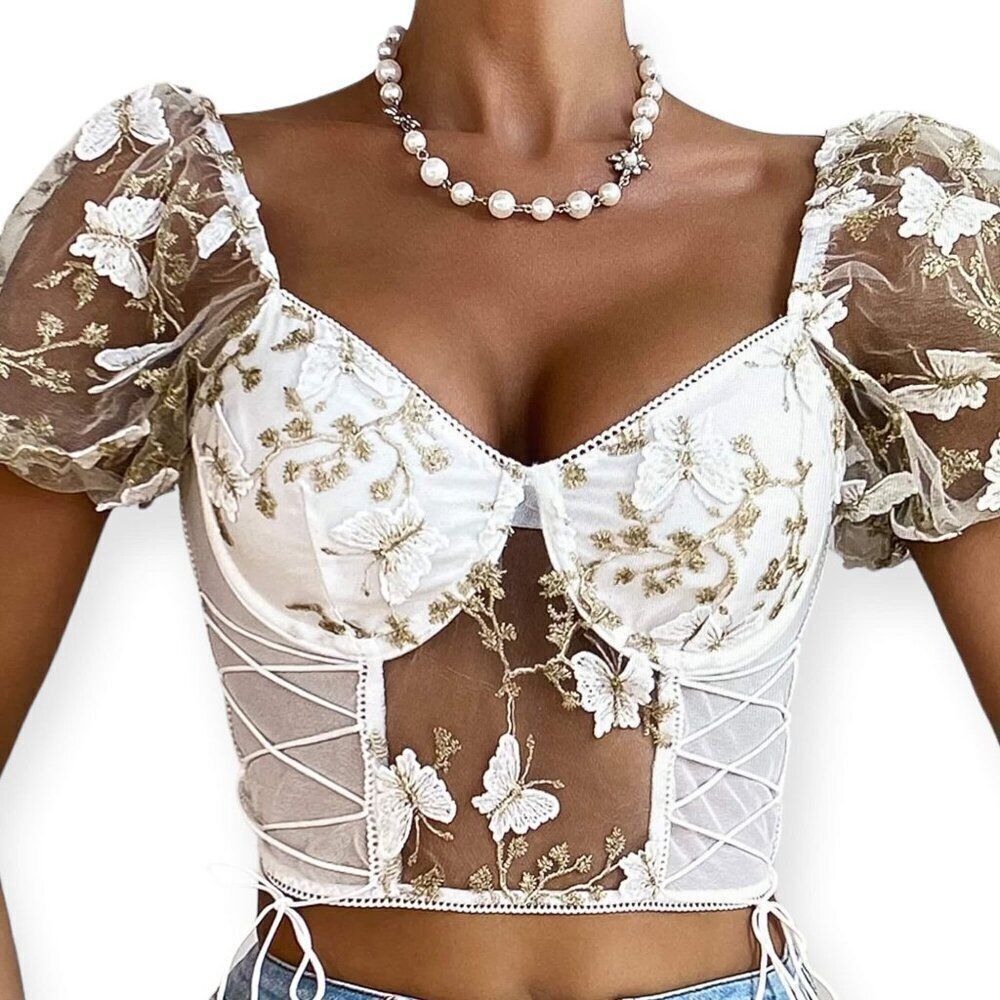 White Lace Mesh Floral Embroidered Corset Bustier Top - NWT